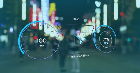 Futuristic electric car dashboard overlay in busy cityscape