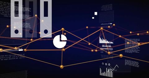 Golden Node Network Visualizing Data Pulse with Floating Analytics Panels and Charts