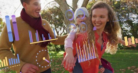 Family walking in park carrying child piggyback with AR data overlays wellness ads
