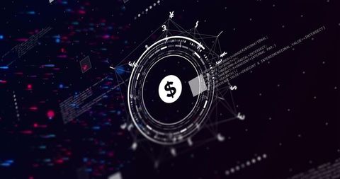 Displaying circular HUD with dollar symbol in holographic finance network and dataviz