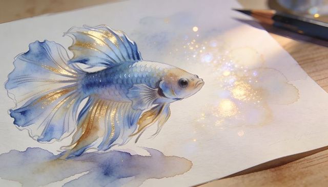 Flowing watercolor betta fish painting with gold shimmer, mica sparkle and soft ink wash on paper