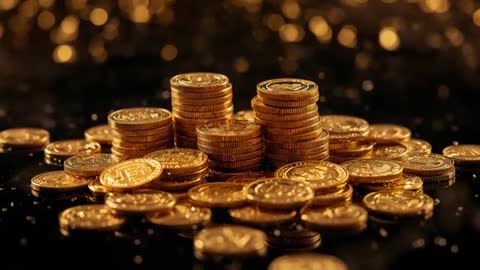 Shifting focus on stacked gold coins reflecting on glossy black surface with cinematic bokeh