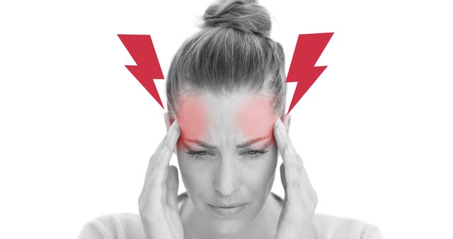 Digital composite image of mid adult caucasian woman suffering from migraine on white background. Copy space, raise awareness, support, migraine awareness week, headache, stress.