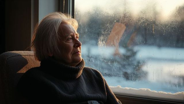 Elderly woman gazing through frosted window at snowy landscape, contemplative solitude