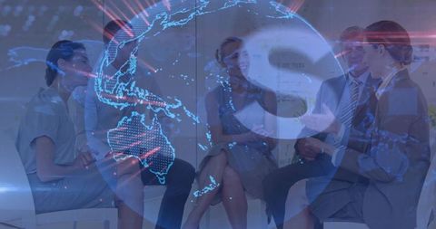 Corporate team discussing strategy with holographic globe and data visualization