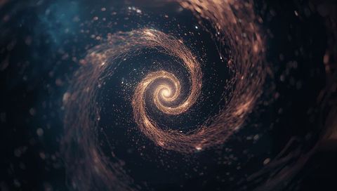 Golden spiral vortex of glowing particle trails twirling into radiant core