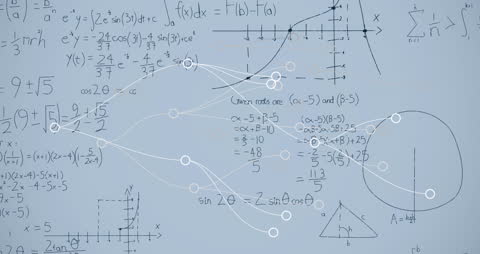 Complex Mathematical Formulas and Network Connections on Grey Background