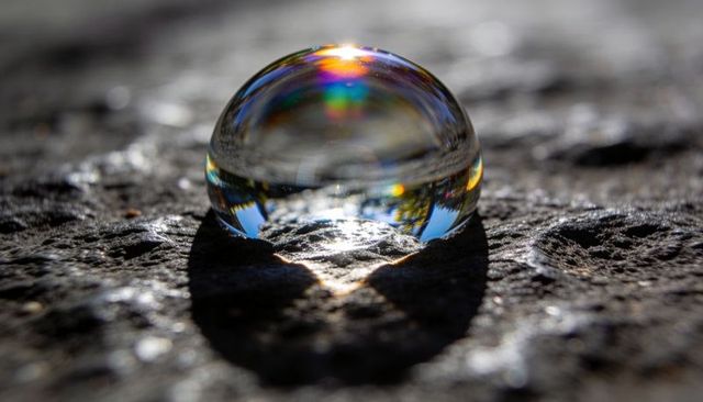 Glinting crystal sphere reflecting rainbow sky on rough stone surface casting caustic shadow