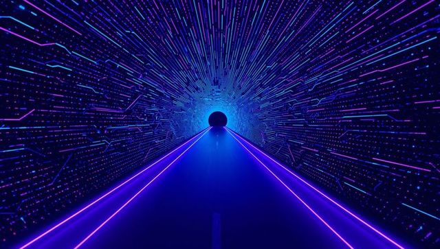 Futuristic neon corridor with hypnotic circular led entrance