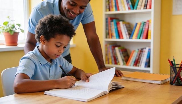 Father tutoring son at home desk writing homework, bookshelf and warm learning moment