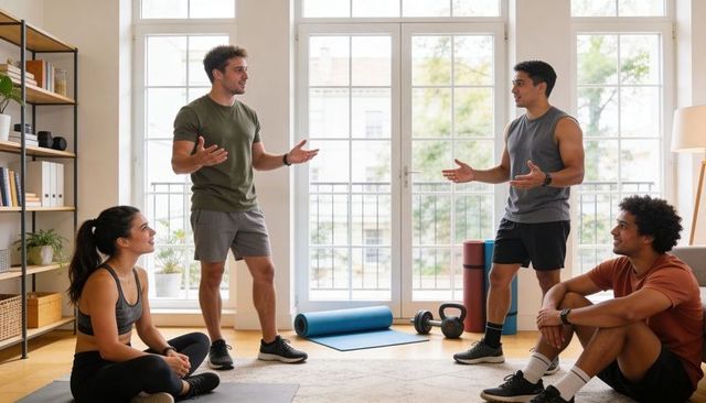 Friends conversing after home workout in sunlit living room with yoga mats and weights