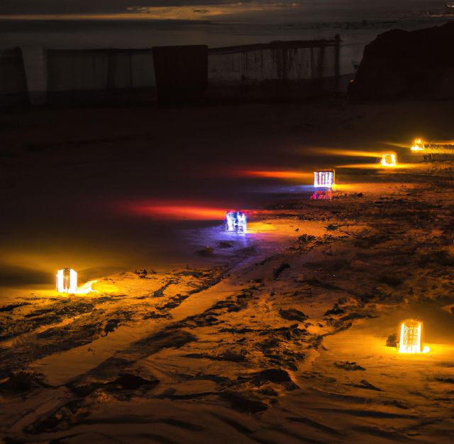 Image of close up of outdoor lights in sand on beach at night. Lighting, summer and seaside concept.