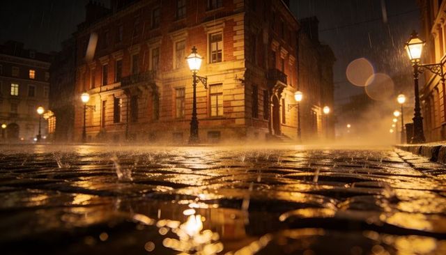 Rain-soaked cobbles glistening under warm gaslight on historic european night street