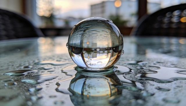 Refracting cityscape through glass sphere on wet table at dusk with dramatic reflections
