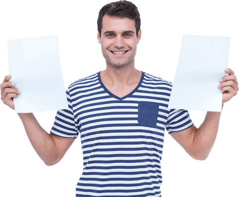 Smiling Man Holding Transparent Blank White Papers in Striped Shirt - Download Free Stock Videos Pikwizard.com