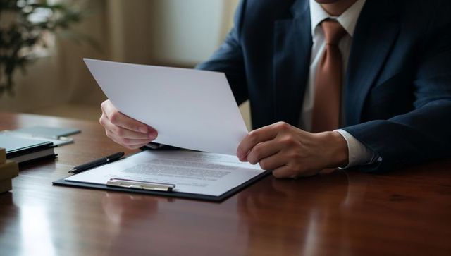 Executive reviewing contract at wooden desk holding document over clipboard