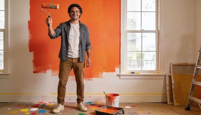 Smiling homeowner painting living room wall orange with roller during diy interior renovation
