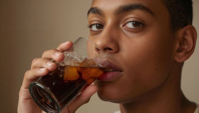 Teen male sipping cola from glass closeup portrait with ice condensation warm beige tones