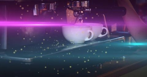 Barista espresso machine pulling double shots into white cups with neon magenta bokeh