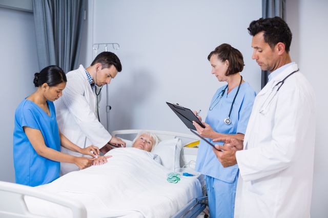Medical team consisting of doctors and nurses examining an elderly patient in a hospital ward. Useful for illustrating healthcare, patient care, medical teamwork, and hospital environments. Ideal for healthcare websites, medical brochures, and educational materials related to patient treatment and hospital care.