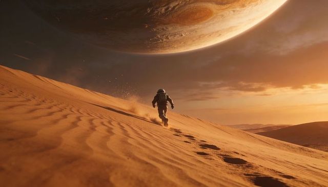 Astronaut traversing sand dune under massive gas giant at orange sunset cinematic scene