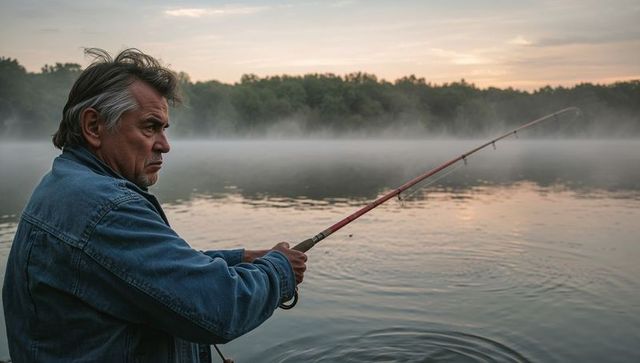Mature angler wearing denim jacket casting fishing rod over misty sunrise lake