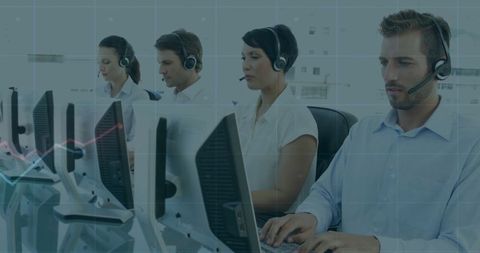 Diverse call center team using modern technology