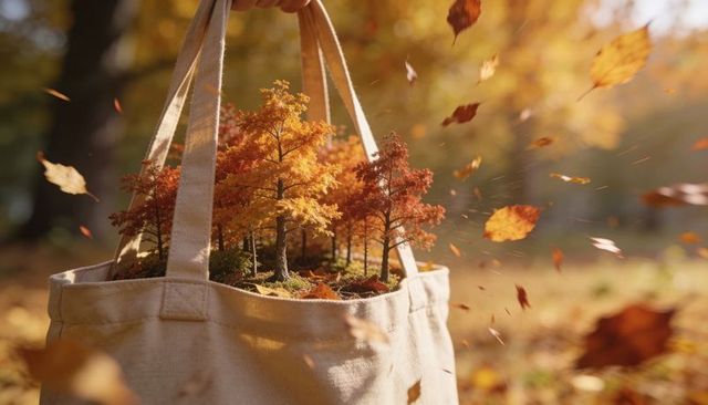 Carrying miniature autumn forest in canvas tote bag with falling golden leaves