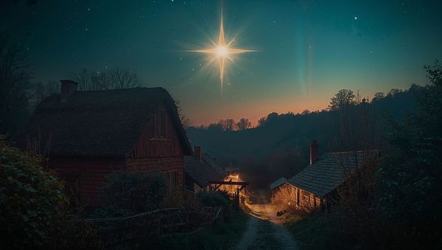 Starlit country lane with cozy cottages and lantern at dusk