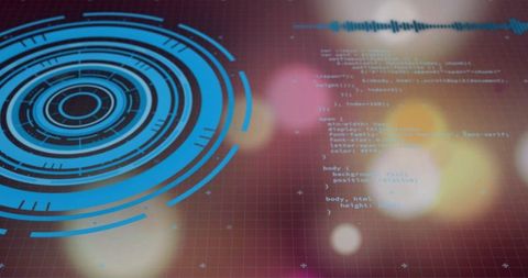 Rotating Blue HUD Interface with Code Overlay and Audio Waveform on Futuristic Grid