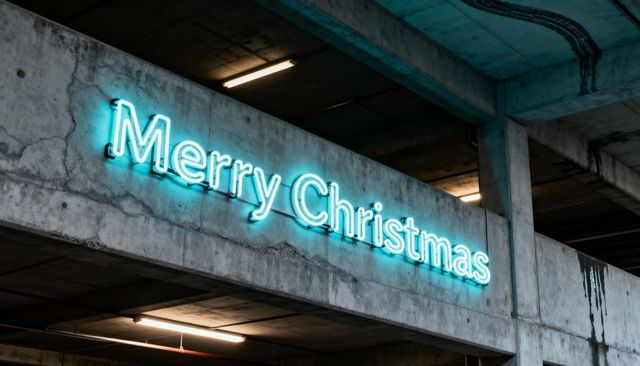 Glowing cyan merry christmas neon sign casting moody light on industrial concrete garage