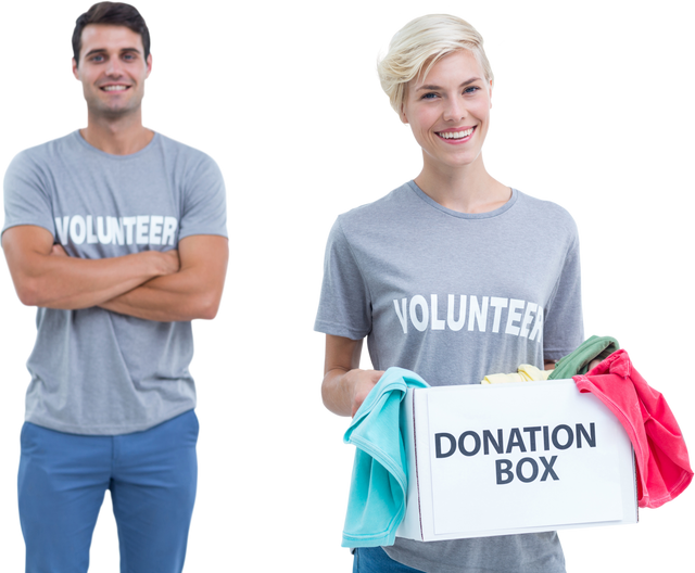 Caucasian Volunteers Standing with Donation Box Isolated transparent background - Download Free Stock Videos Pikwizard.com