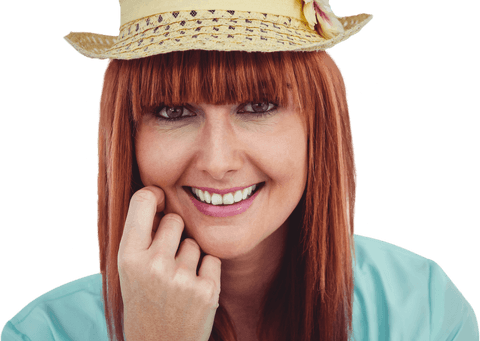 Smiling Woman in Flowy Hat with Clear Background