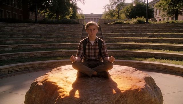 Teenage male meditating on campus boulder at golden hour with colonnade and amphitheater