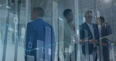 Financial analysis overlay on business meeting background