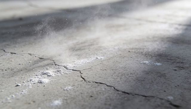 Sunlit cracked concrete pavement with drifting dust and powdery residue, macro texture