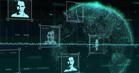 Neon particle globe visualizing global data network with framed user avatars and cyber ui