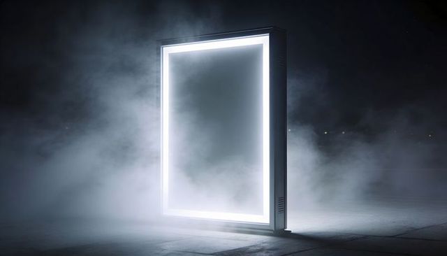 Glowing led lightbox standing on wet pavement with fog and cinematic reflections