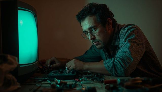 Leaning man repairing vintage electronics beside teal crt, focusing on circuit board