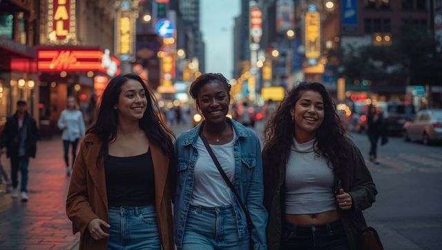 Friends walking downtown at dusk under neon signs, denim jackets and casual nightlife energy