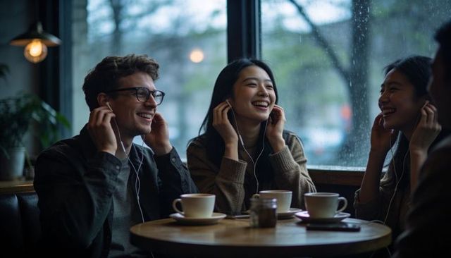 Friends sharing earphones and coffee, laughing together in cozy rainy cafe by window