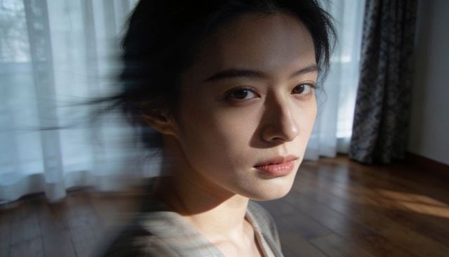 Sunlit portrait of asian woman turning head with plaid top and sheer curtains
