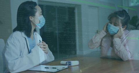 Doctor and patient consulting with mask in modern office