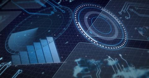 Futuristic Cyan Holographic HUD with Concentric Rings, Bar Chart and Circuit Traces
