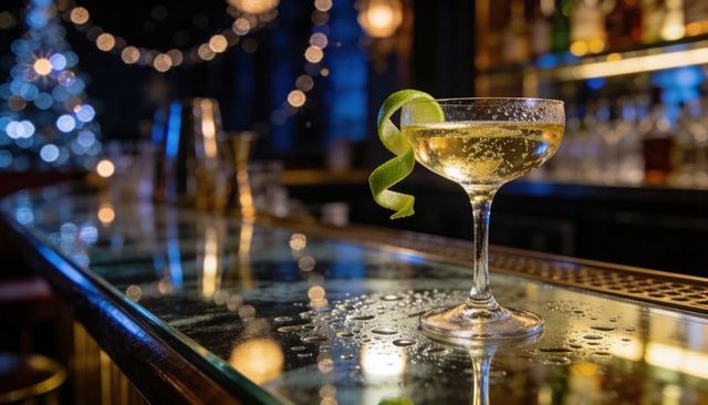 Glistening champagne coupe with lime twist on wet bar, bokeh lights and reflections