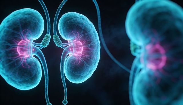 Translucent renal anatomy rendering showing bilateral kidneys, vascular and ureter detail