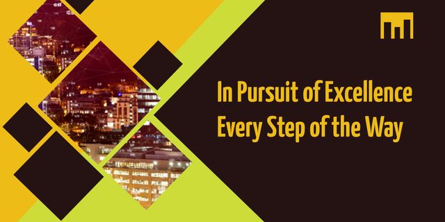 Motivational business poster featuring a cityscape with geometric shapes and an inspirational tagline 'In Pursuit of Excellence Every Step of the Way'. Suitable for corporate settings, office decoration, or business promotional materials.