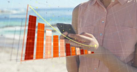 Woman Analyzing Financial Graph Data on Smartphone Over Beach Overlay