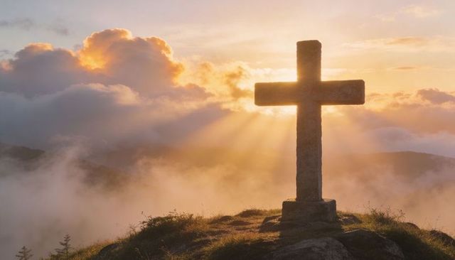 Weathered stone cross on mountain summit at sunrise with sunbeams and mist, golden silhouette