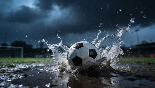 High-impact soccer ball splashing through muddy puddle under stormy stadium floodlights